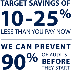 Target savings of 10-25% less than you pay now. We can prevent 90% of audits before they start.