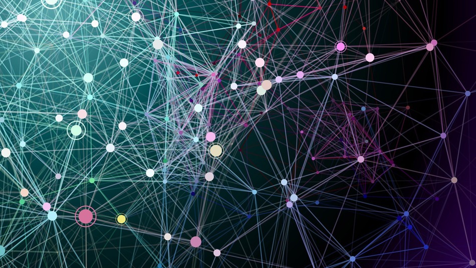 Abstract digital network with interconnected nodes and lines.