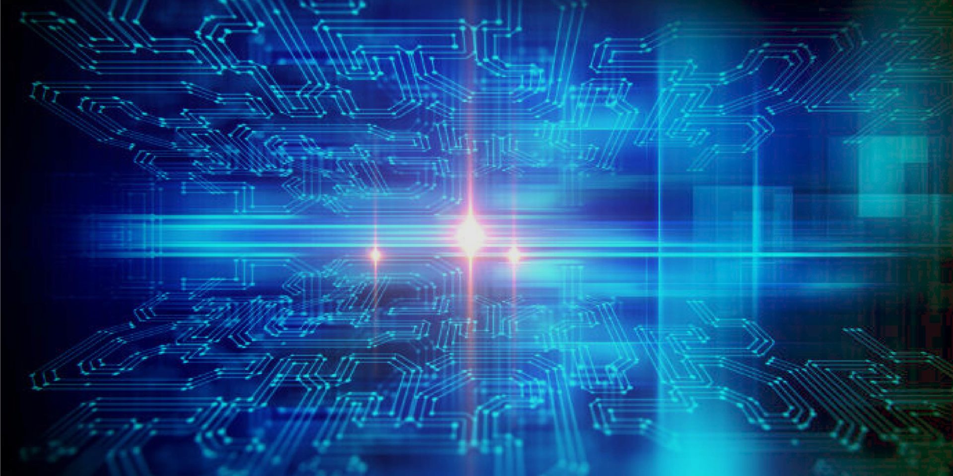 Abstract digital data network with blue circuit lines and glowing light burst at center.