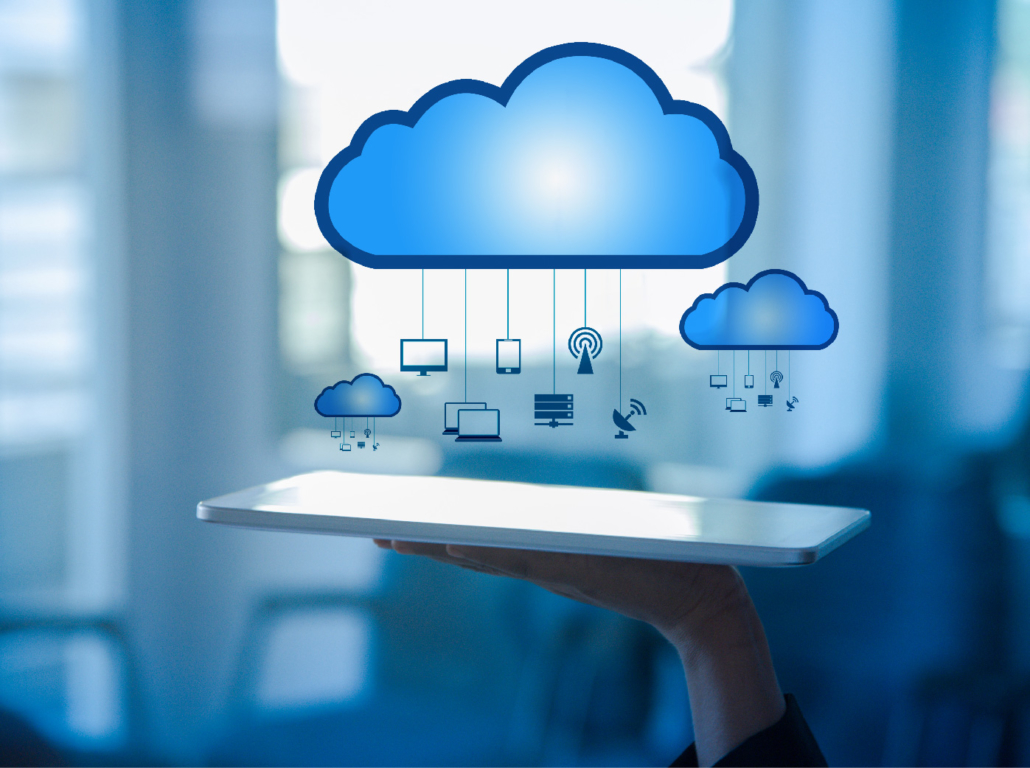 Conceptual graphic showing cloud computing benefits and infrastructure icons above a tablet.
