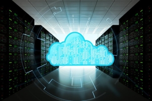 Glowing blue cloud icon with circuit patterns inside a server room with rows of racks.