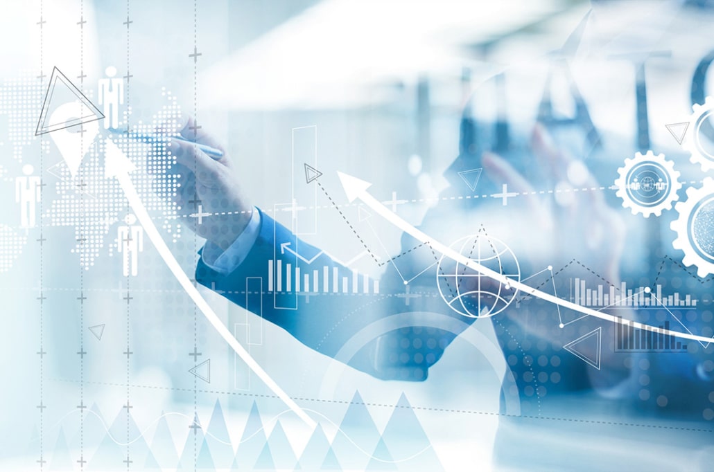 Abstract composite image of professional analyzing digital observability dashboards with cloud-based metrics and performance trends.