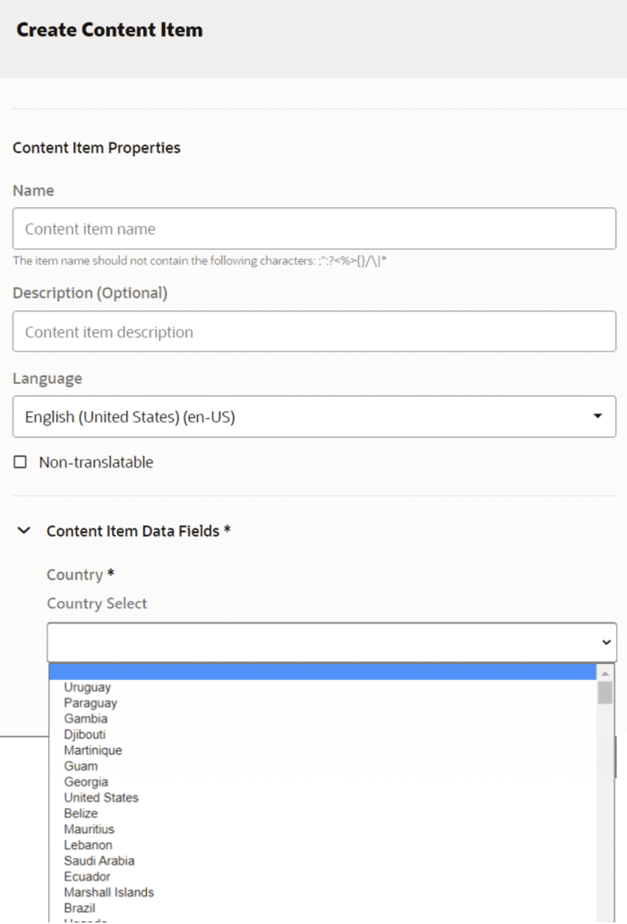 Customizing Content Type Fields Create Content Item Example