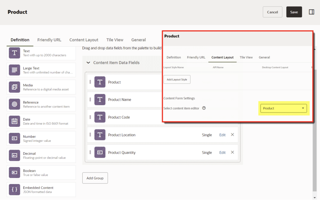While customizing content type fields “Product” content type with multiple fields describing the product, but a single search and drop-down selection field is presented on the creation page 
