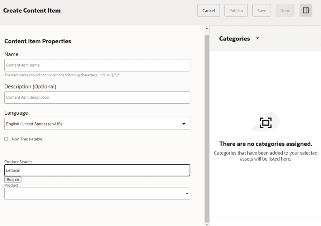 On change that selection provides values for all the asset fields, including Name, Description, and properties such as language and slug