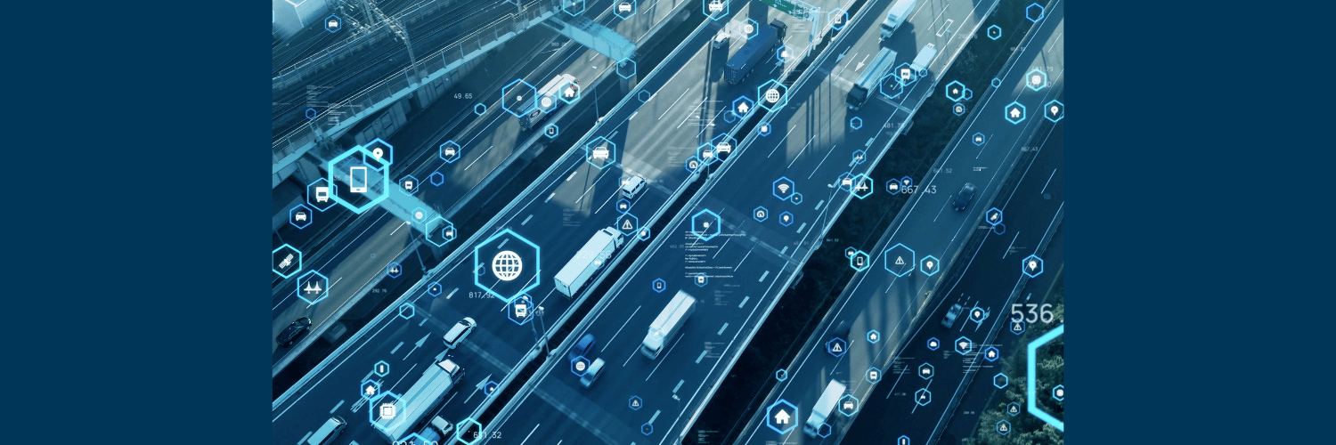 Picture of semitrucks traveling down a highway with transparent digital icons attached representing Route Data to Multiple Destinations