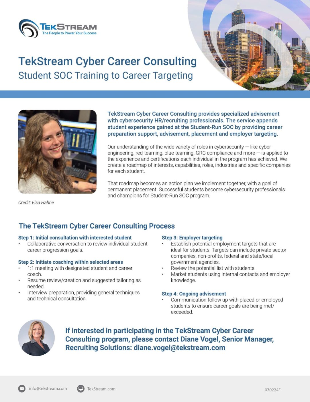 TekStream datasheet thumbnail titled Cyber Career Consulting for student SOC training and career targeting.