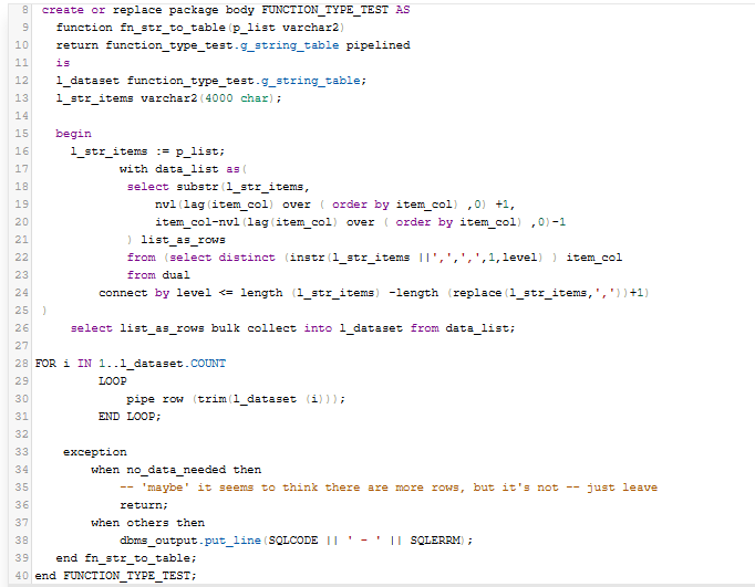 Full Oracle package body using SQL logic to split comma-separated strings into rows via pipelined function.