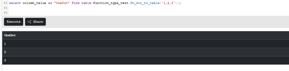Query execution displaying output from pipelined function splitting '1,2,3' into individual rows.