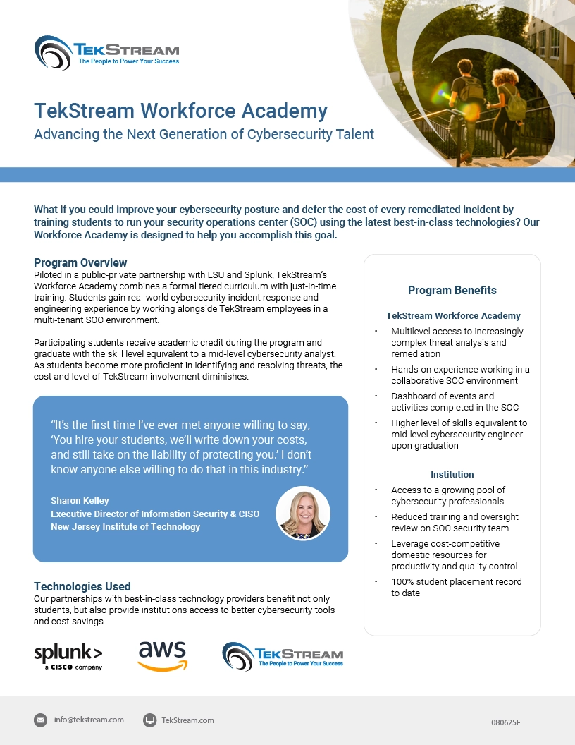 TekStream Workforce Academy datasheet highlighting cybersecurity talent development services.