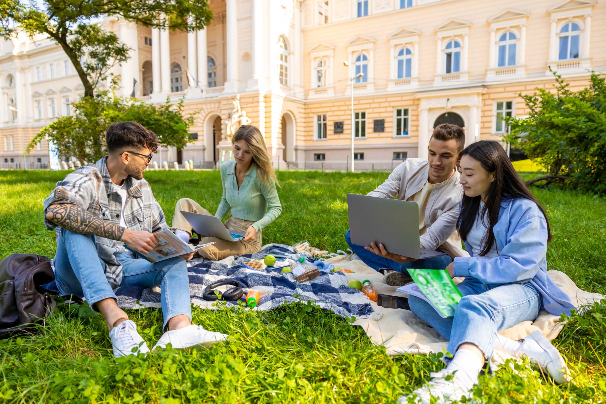 View of participating students in the student-powered co-managed SOC working together on the quad. 