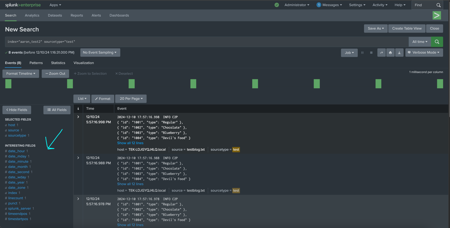 Splunk search interface displaying JSON-formatted event data with selected and interesting fields on the sidebar.