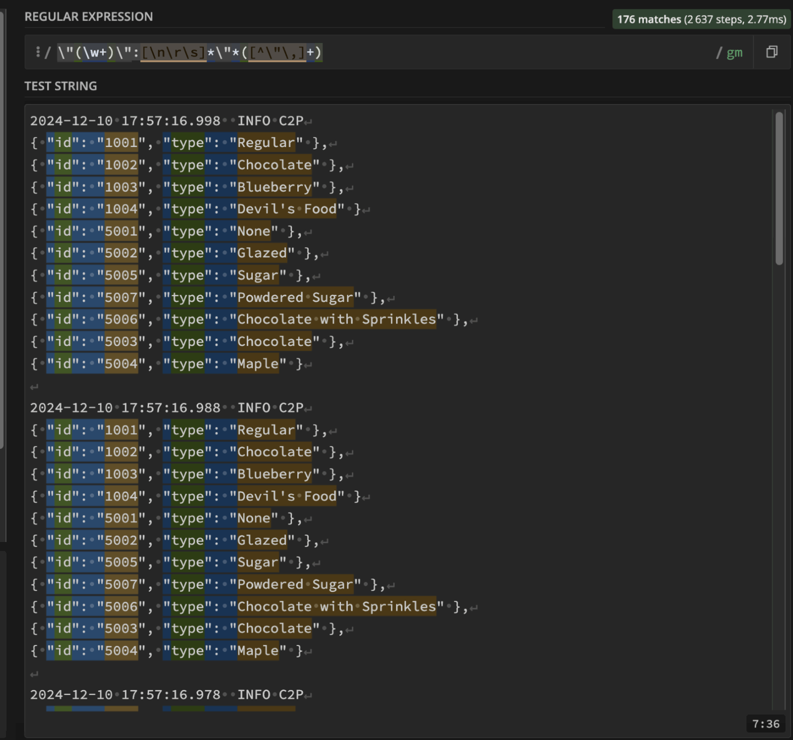 Regular expression tool highlighting key-value pairs from nested JSON structure in Splunk event logs.