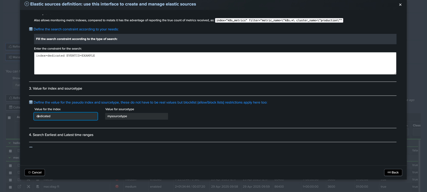 TrackMe configuration screen for defining elastic search constraints with index and EVENTID.