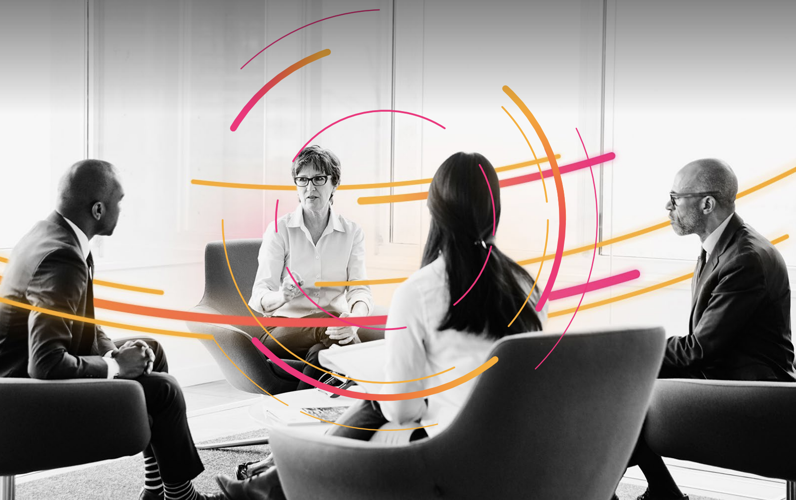 Splunk engineers in a team discussion, overlaid with abstract data visualization graphics.