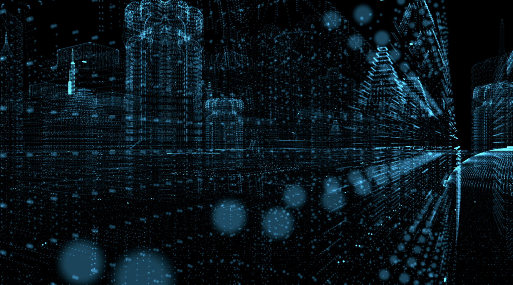 Futuristic cityscape made of glowing blue data points and lines, depicting a digital twin, smart city, or data visualization.