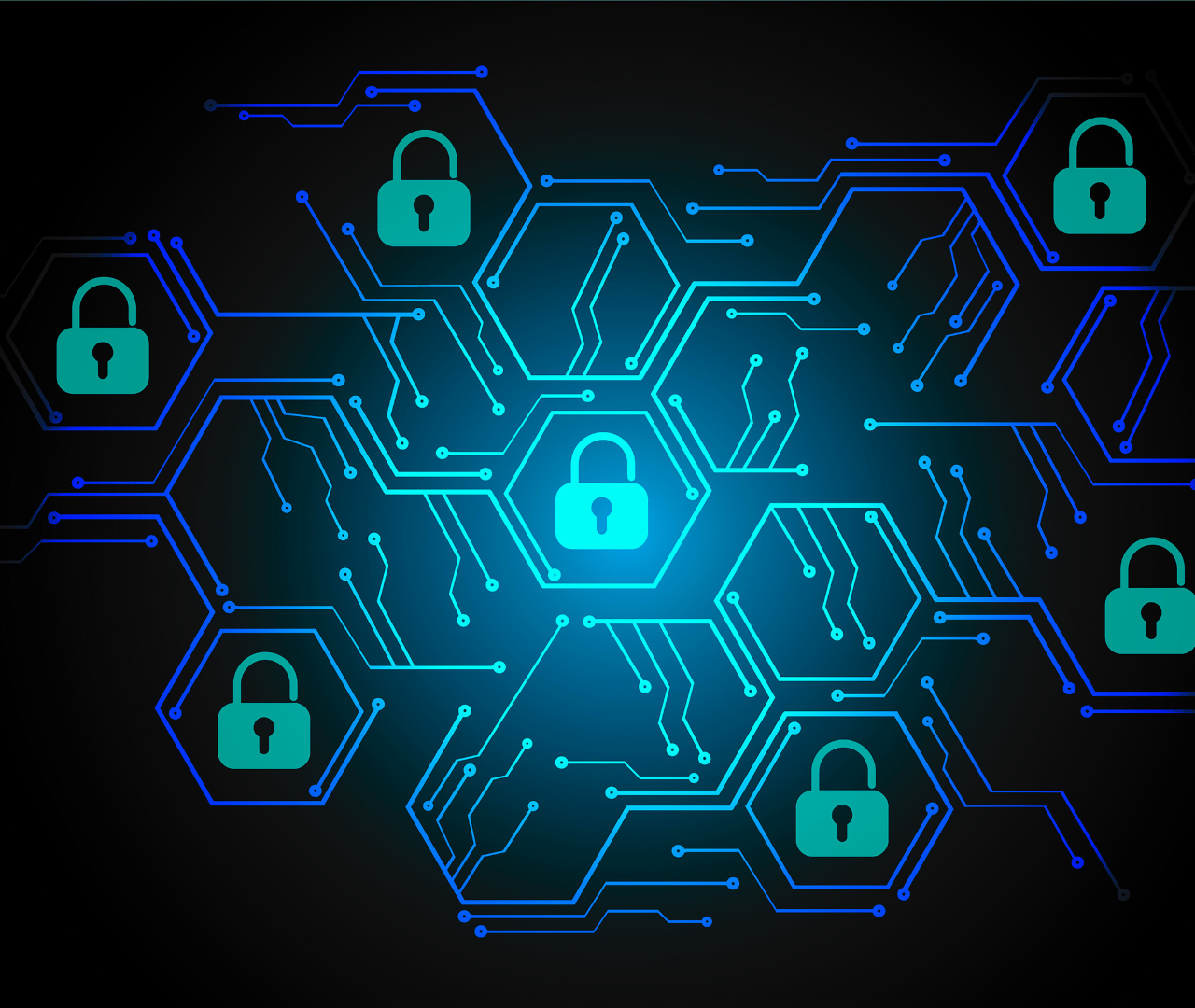 Digital padlocks connected by a circuit-style network pattern.