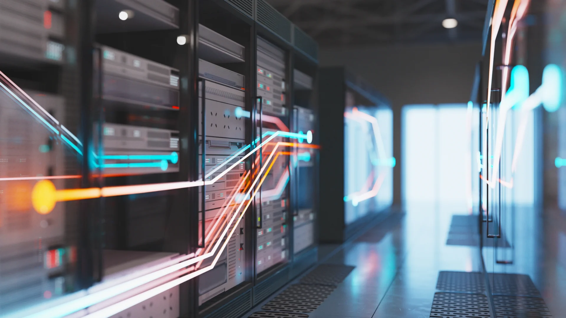 Futuristic data center with illuminated lines representing digital data flow moving across rows of server racks in a modern facility.