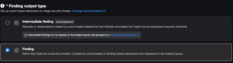 Screenshot of Splunk ES 8.x interface showing selection between Intermediate Finding and Finding as output types.
