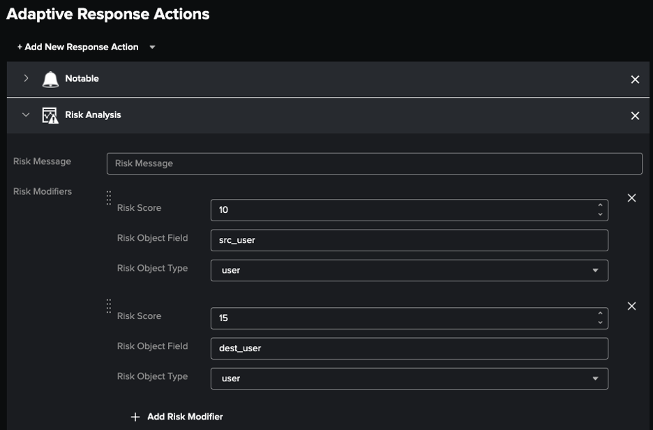 Splunk Adaptive Response Actions interface showing risk score configuration for notable events in older ES versions.