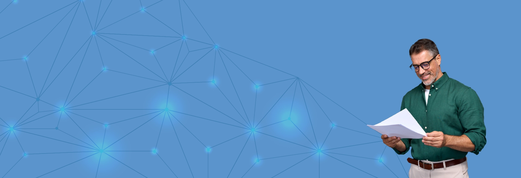 Professional reviewing documents on TekStream datasheet resources page, with connected data points in the background.