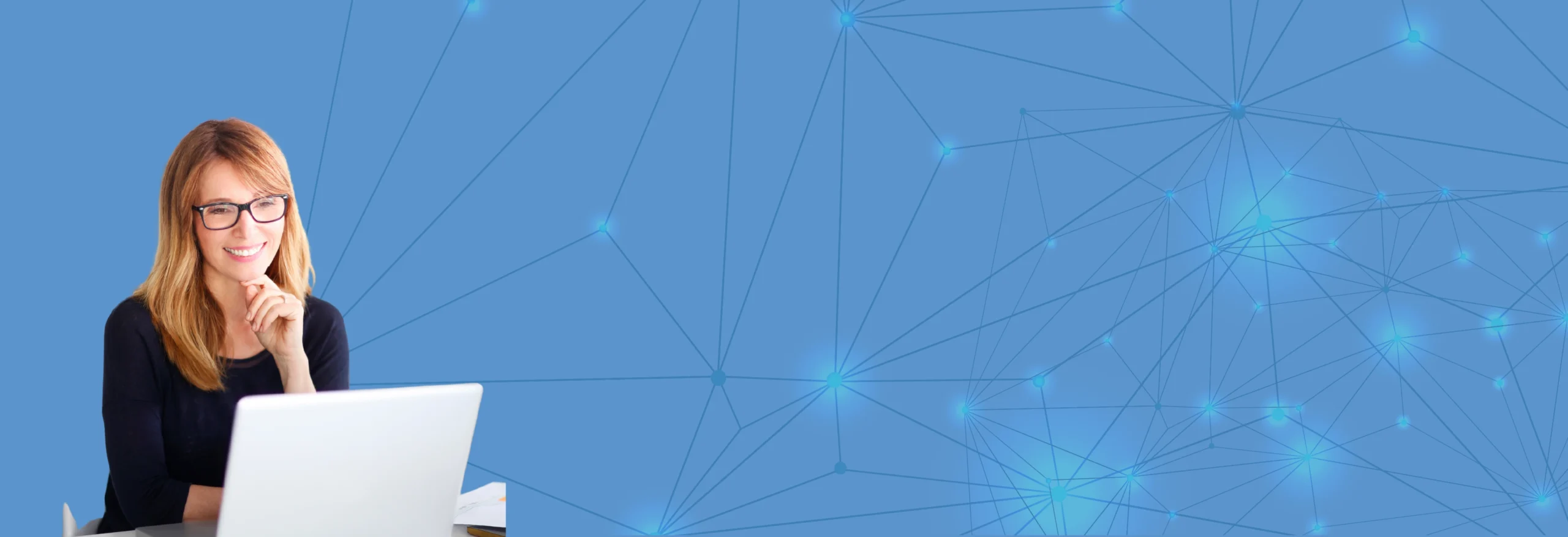 Smiling professional watching a TekStream webinar on a laptop, with a connected digital network background on the webinars and video resources page.