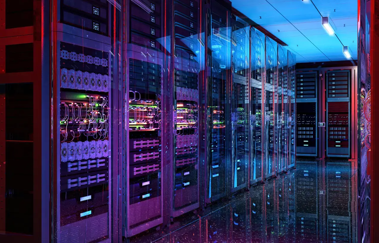 High-density server room with illuminated hardware, used to represent cloud infrastructure in a Well-Architected Review.