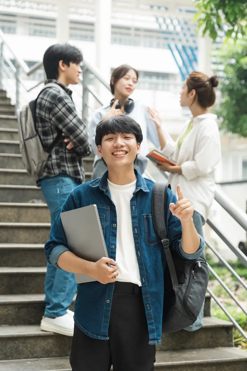 Smiling student holding a laptop in front of peers on campus stairs, representing career-ready cybersecurity talent.