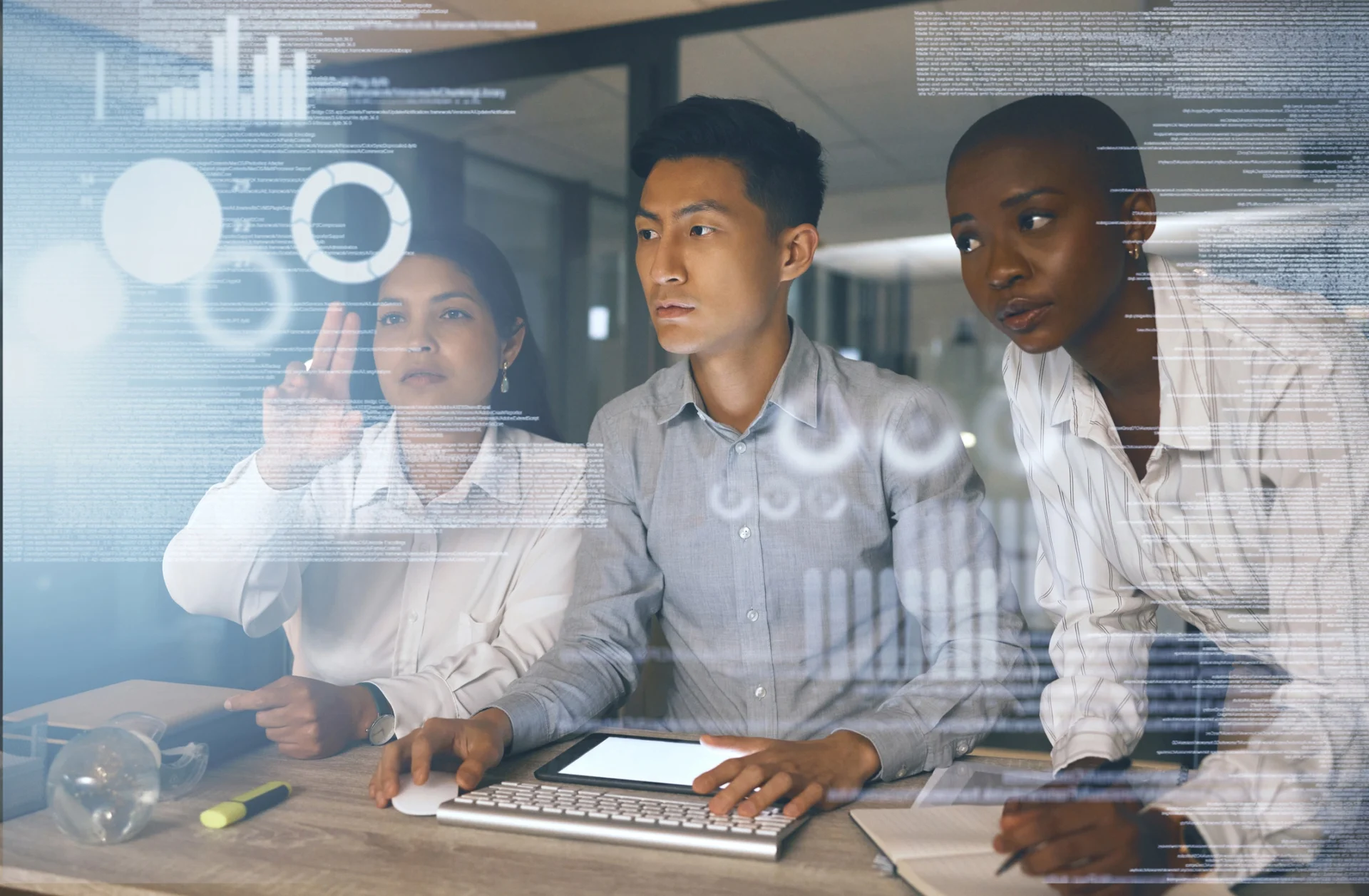 Diverse cybersecurity team reviewing AI-driven dashboards and data to improve SOC operations.