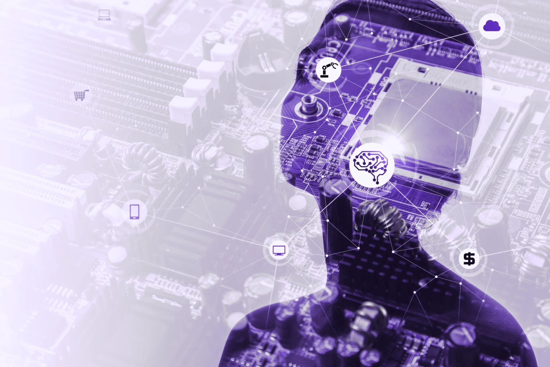 Silhouette of a human face overlaid with circuit board and AI icons, symbolizing human-machine collaboration in AI-SOC environments