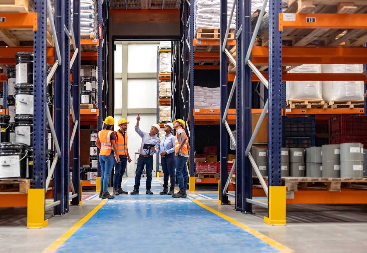Warehouse team reviewing inventory systems in a large distribution center.