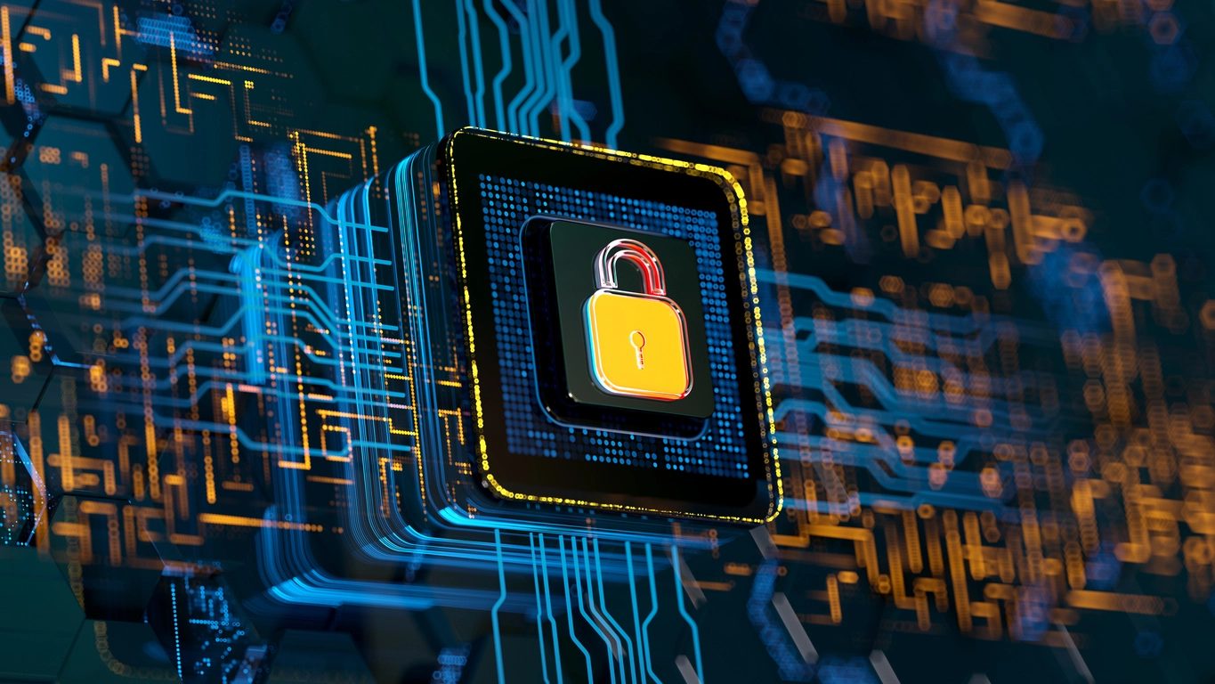 Padlock on digital circuit board.