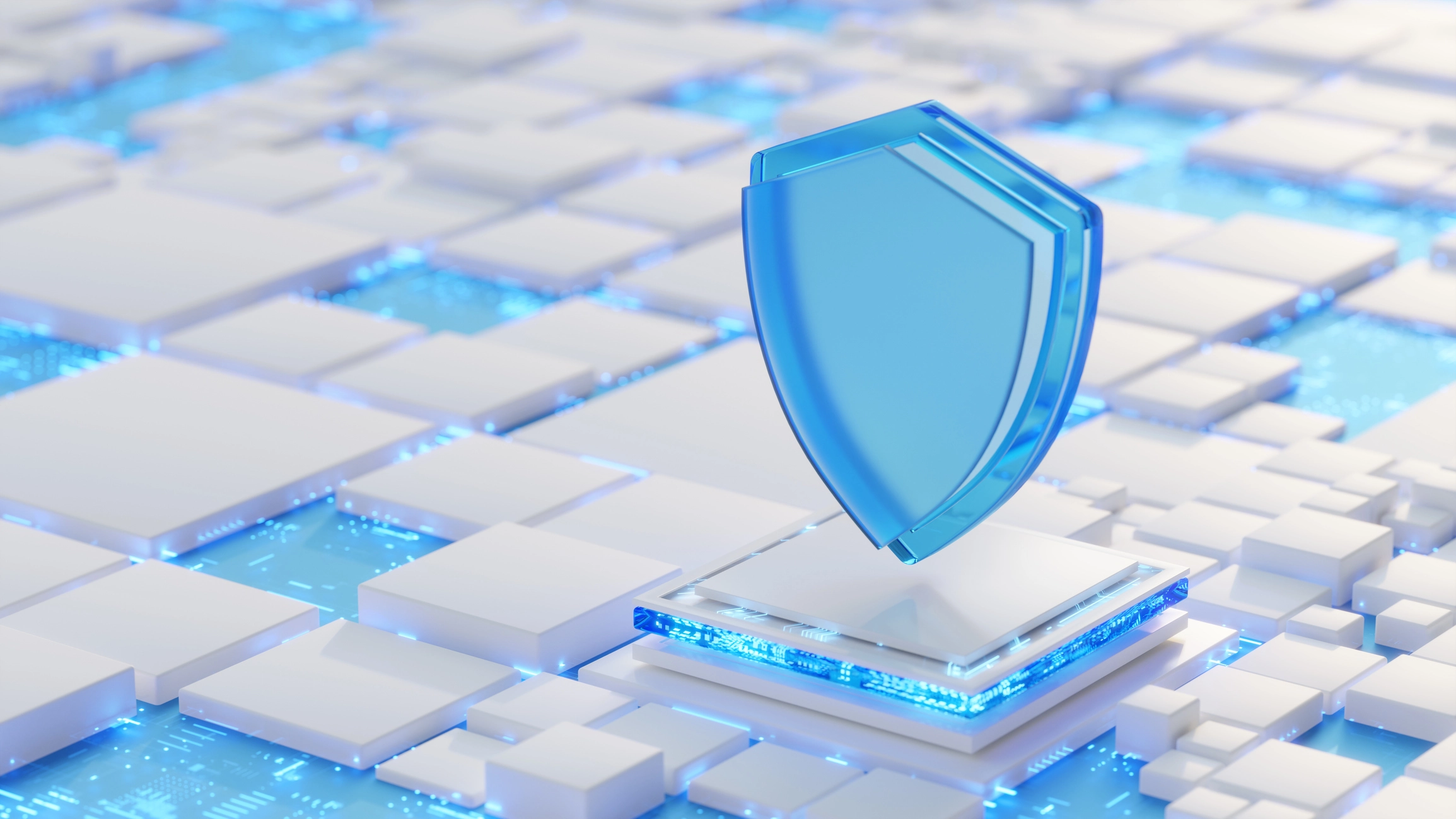 Blue cybersecurity shield on a abstract geometric background.