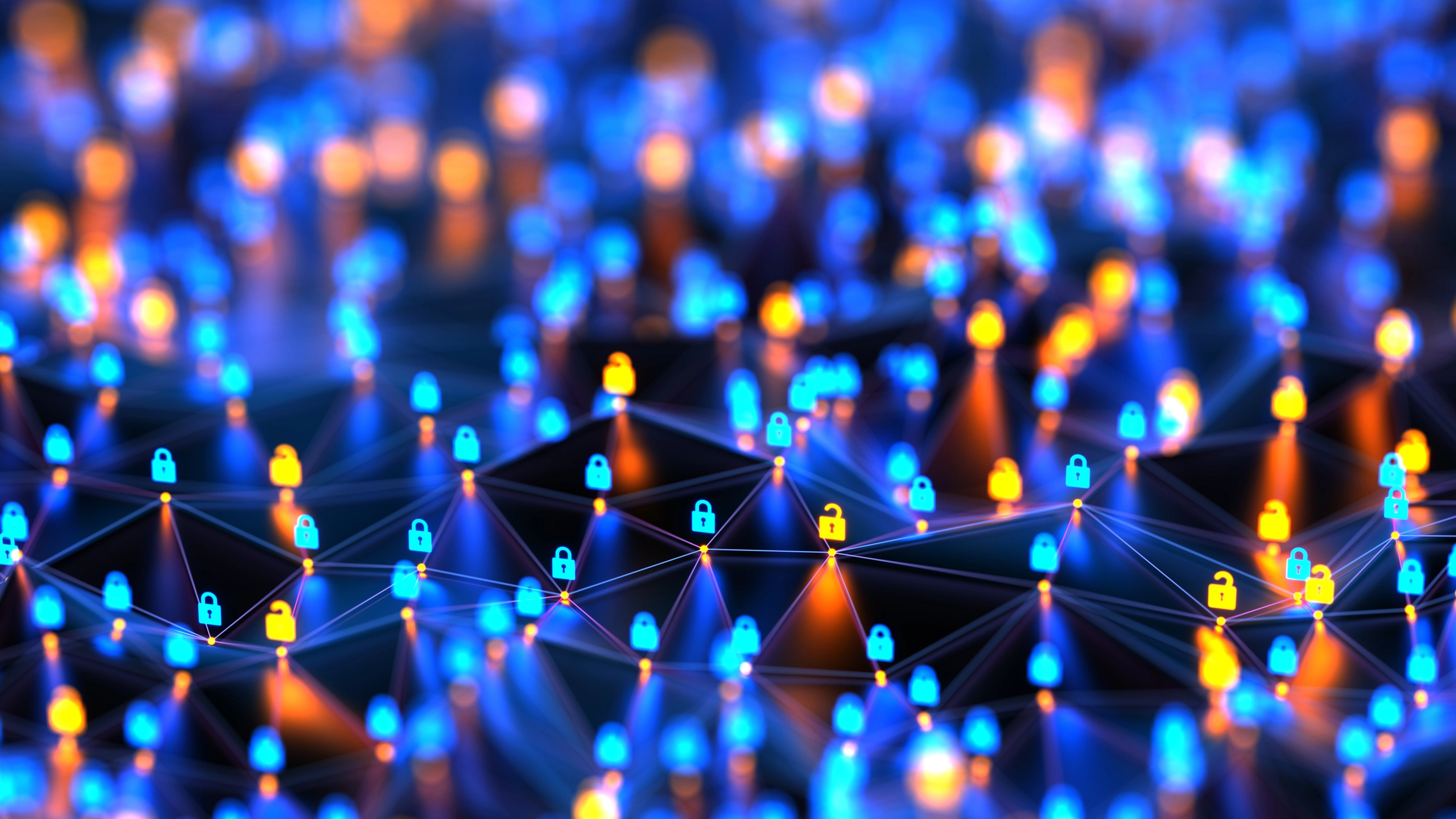 Connected network security visualization with glowing lock icons.
